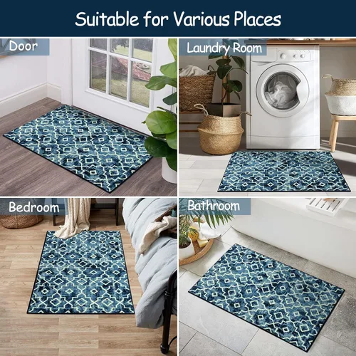 Miniatura 5 de Moynesa Alfombra marroquí lavable de 2 x 3 pulgadas, pequeña, azul, para cocina, baño, suave, antideslizante, de pelo bajo, moderna, geométrica
