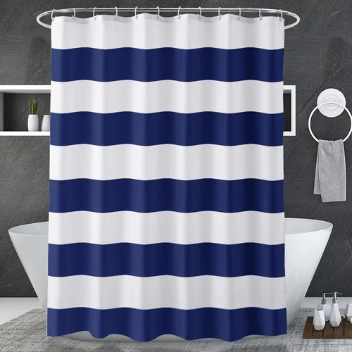 Miniatura 6 de AmazerBath - Cortina de ducha azul marino con rayas, 72" x 72" de azul y blanco, cortinas de ducha de tela para baño con 2 piedras pesadas