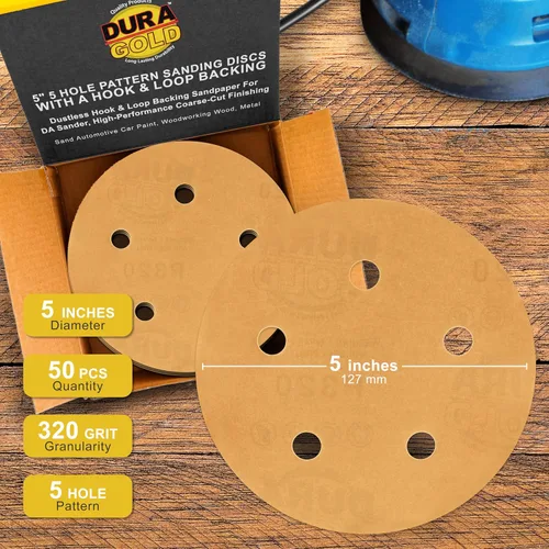 Miniatura 2 de Dura-Gold - Premium - Grano 320 - Discos de lija dorados de 5 pulgadas - Gancho y bucle sin polvo de 5 agujeros para lijadora DA - Caja de 50 discos