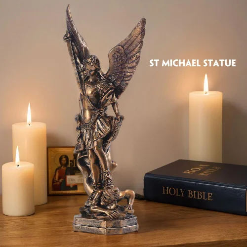 Miniatura 5 de QIANLING Estatua de San Miguel Arcangel de 12.5 pulgadas, estatua de San Miguel en resina bronceada, figuras de la colección de San Miguel Arcángel