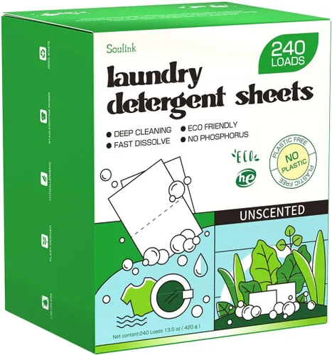 Miniatura 14 de Soulink Hojas de detergente para ropa con aroma a ropa recién lavada 240 cargas, tiras de detergente ecológicas para viajes y hogar - Sin envases