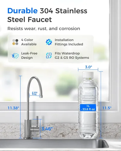 Miniatura 2 de Waterdrop Grifo de agua potable, grifo de ósmosis inversa, grifo de filtro de agua para fregadero de barra de cocina, mango único, fácil de Acero