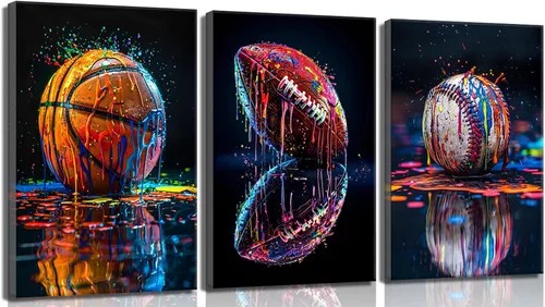 3 piezas de arte de pared en lienzo deportivo de graffiti para habitación de niños, rústico, fútbol, béisbol, fútbol americano, rugby, decoración de