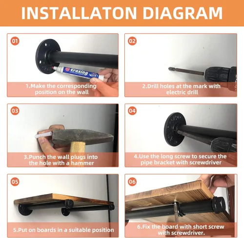 Miniatura 4 de Soportes para estantes de tubería de 10 pulgadas, soporte de pared de metal negro industrial flotante para estantes de madera, estilo rústico