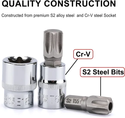 Miniatura 6 de CASOMAN 34 piezas de 3/8 pulgadas Torx Bit Socket y E-Torx (estrella) Juego de zócalos de acero CR-V y S2, E4-E20, T10-T60, a prueba