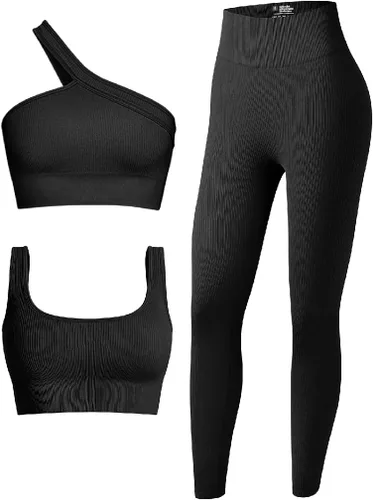 OQQ Conjunto deportivo de 3 piezas para mujer, acanalado, sin costuras, cuello redondo, brasier deportivo con un hombro, cintura alta, leggings