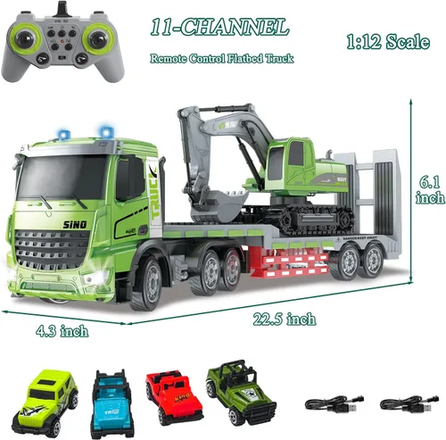 Miniatura 6 de Fistone Juego de juguete de camión y excavadora de semirremolque a control remoto, escala 1:12 con sonido y luces, 11CH 2.4Ghz control remoto camión