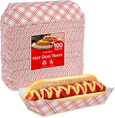 Stock Your Home Checkered Food Boats - Paquete de 100 bandejas de cartón desechables reciclables resistentes a la grasa en rojo y blanco