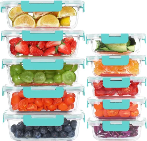 Miniatura 10 de KOMUEE - Paquete de 10 recipientes de vidrio para almacenamiento de alimentos, recipientes de preparación de comidas con tapas, loncheras de vidrio