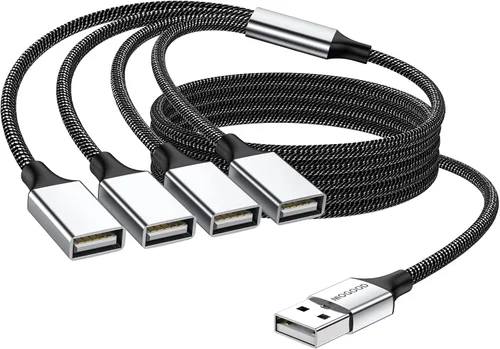 MOGOOD USB Splitter 1 in 4 Out, 6FT Braided USB Extension Cable, 4 Port USB Hub for Data Sync and Charging, Plug & Play for Laptop, PC, Mac, Xbox,