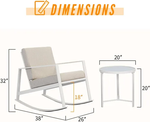 Miniatura 6 de AQUILLA Juego de 3 mecedoras de patio para exteriores, muebles de exterior con marco de metal, mesa redonda de vidrio templado, cojines gruesos