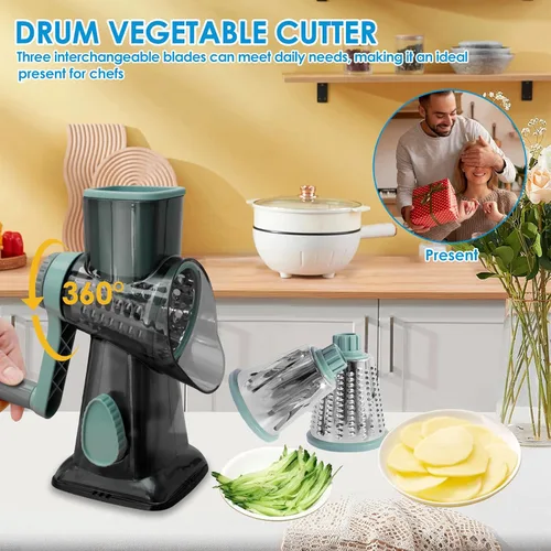 Miniatura 3 de Rallador de queso giratorio con asa, trituradora de 3 cuchillas de acero inoxidable, cortador manual de queso, ralladores de manivela para cocina