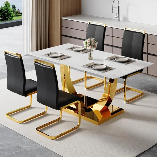 Miniatura 18 de Juego de mesa de comedor de 63 pulgadas para 4, juego de mesa de comedor dorado moderno para 4, juego de mesa de cocina de mármol sintético con negro