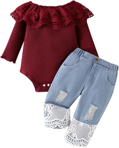 Miniatura 19 de Conjunto de ropa de bebé niña para bebé, mameluco de encaje blanco de manga larga + pantalones de mezclilla