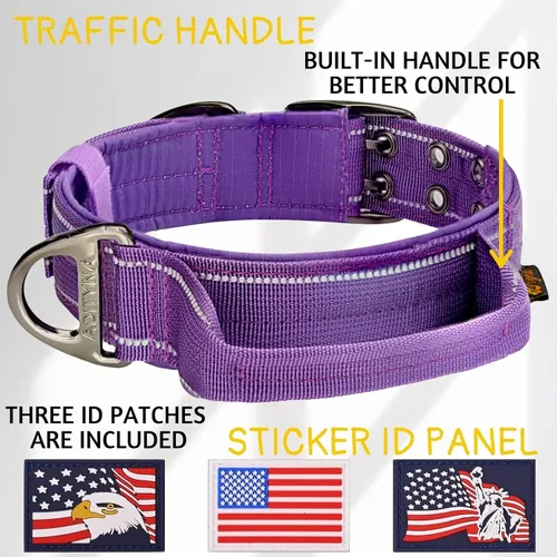 Miniatura 3 de ADITYNA Collar de perro resistente para perros grandes, collar morado reflectante con asa para entrenar y caminar, ancho, grueso, táctico, acolchado