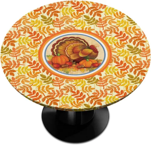 Mantel redondo de Acción de Gracias con borde elástico, mantel redondo de hojas de otoño y pavo para la cocina, mantel de poliéster lavable y