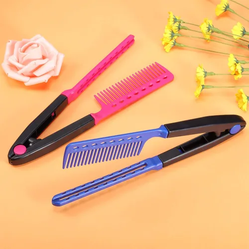 Miniatura 5 de Peine alisador plano de 2 piezas de cepillo de pelo de salón Peine de peluquería enderezadora en forma de V recta (rojo rosa, azul)