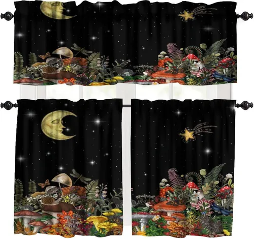 Miniatura 16 de Cortina de cocina de hongos, fresa con plantas verdes, flores silvestres, estrellas doradas, mariposa, dormitorio, comedor, cafetería, oficina, sala