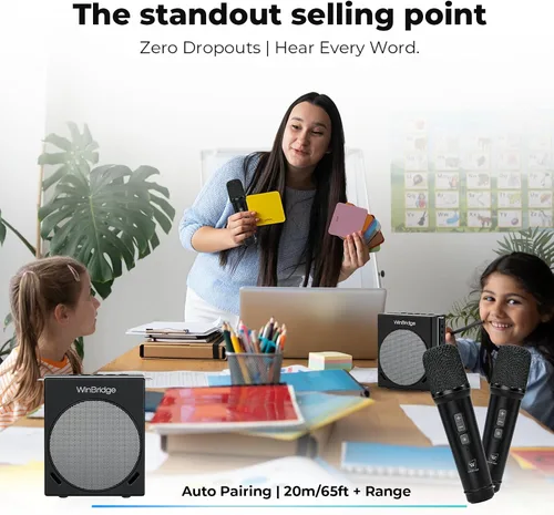 Miniatura 7 de WinBridge S90 - Micrófono portátil y sistema de micrófono Bluetooth con altavoz, amplificador de voz de 30 W, sistema PA con 2 micrófonos
