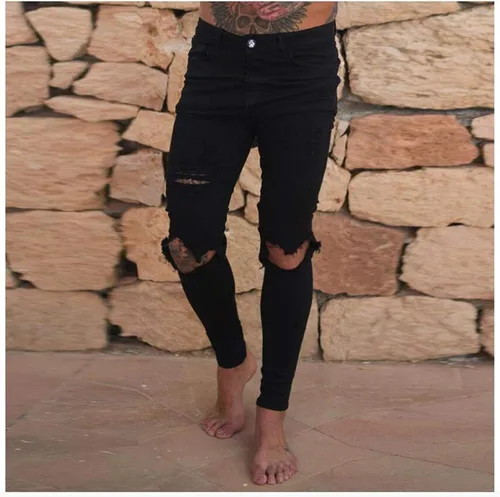 Miniatura 2 de Andongnywell - Pantalones de mezclilla ajustados para hombre con corte destruido en la rodilla desgastados, ajustados, elásticos, pantalones