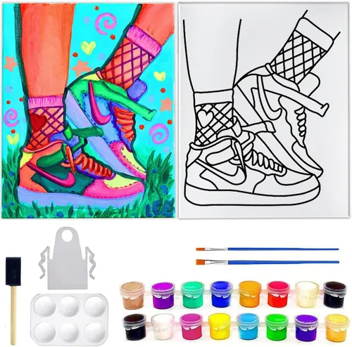 INDIGO ART STUDIO Tenis de lona predibujados de 11 x 14 pulgadas #4, pintura acrílica, actividad artística, 12 colores de primera calidad, 2