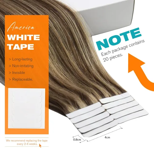 Miniatura 3 de Sunny Hair - Extensiones de cabello humano real para mujer, con cinta adhesiva invisible, Remy, color castaño oscuro con reflejos de color rubio