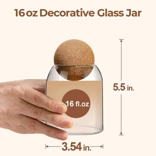 Miniatura 2 de ComSaf Tarro de vidrio decorativo transparente de 16 onzas con tapa de bola de corcho, barra de café, cocina, almacenamiento de baño, apto