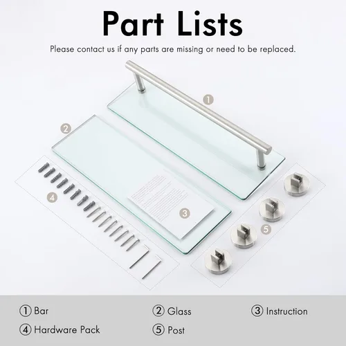Miniatura 9 de KES Estantes de vidrio para baño, estante de baño flotante de vidrio de 16 pulgadas con barra, paquete de 2 unidades de montaje en pared SUS 304