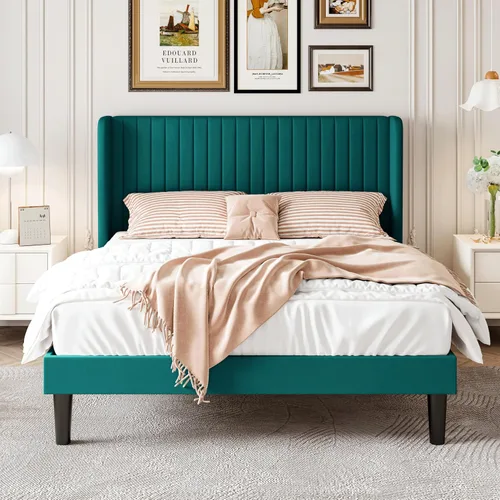 Miniatura 3 de SHA CERLIN Marco de cama de terciopelo tamaño completo con cabecera de respaldo alto con capitoné de canales verticales, cama plataforma tapizada
