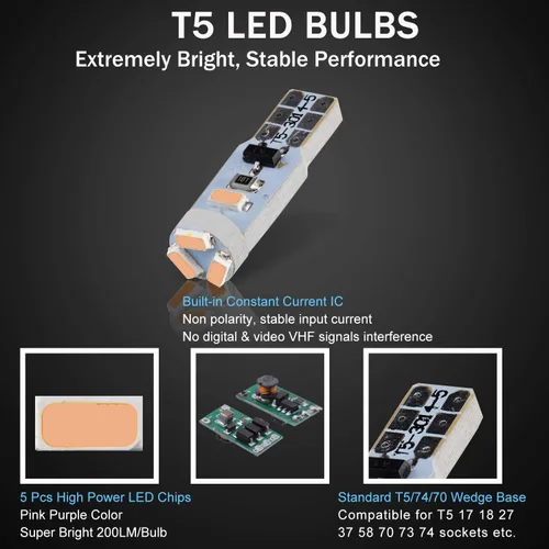 Miniatura 3 de 10 bombillas LED T5 extremadamente brillantes rosa púrpura 3014 chipsets 74 2721 37 73 17 bombillas LED para interior del tablero de instrumentos