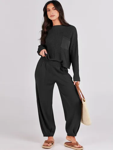 Miniatura 2 de Prinbara Conjunto de 2 piezas para mujer, suéter de punto para otoño, pantalones de gran tamaño, conjunto casual de descanso