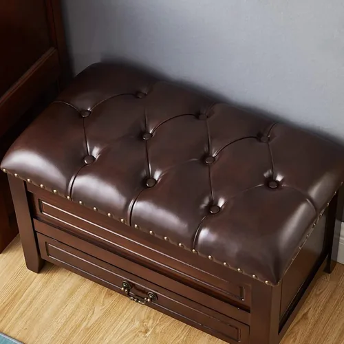 Miniatura 4 de Banco de cuero de alta calidad con almacenamiento, armario otomano de almacenamiento vintage de madera maciza con cajón, banco de almacenamiento