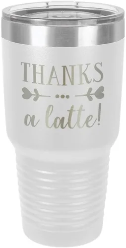Miniatura 17 de Taza de viaje de acero inoxidable con tapa superior deslizante y pajita con texto en inglés "THANKS A LATTE 30oz Taza de viaje", compara con Yeti