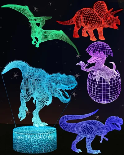 Luz nocturna de dinosaurio para dormitorio de niños, lámpara LED de ilusión 3D, 5 patrones, 16 colores cambiantes atenuables, decoración de