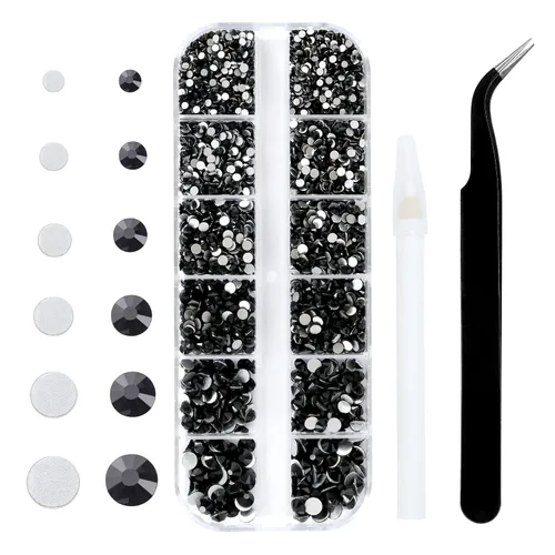 Diamantes de imitación de cristal negro con parte trasera plana para uñas, manualidades y ropa, 4240 unidades, 6 tamaños (SS6-SS20), kit de gemas de