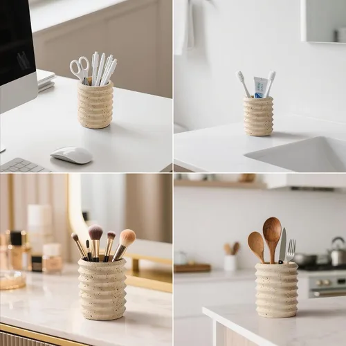 Miniatura 4 de Soporte para bolígrafos para escritorio, piedra de travertino natural, soporte para brochas de maquillaje, vaso moderno y funcional para lápices