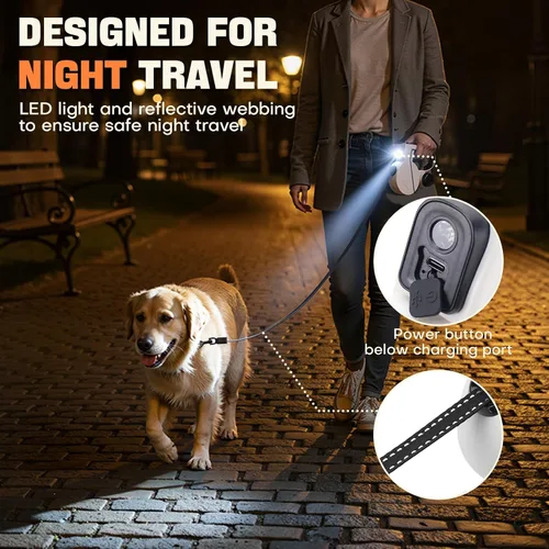 Miniatura 2 de Correa retráctil para perro con luz LED y cinta reflectante para paseo nocturno, correa de perro de 16 pies con dispensador de bolsas