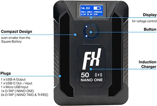 Miniatura 7 de SONGING Batería FXLION Nano ONE-PRO de 50 Wh con montaje en V y bloqueo en V con cargador inalámbrico integrado tipo C, D-tap, USB A, micro USB