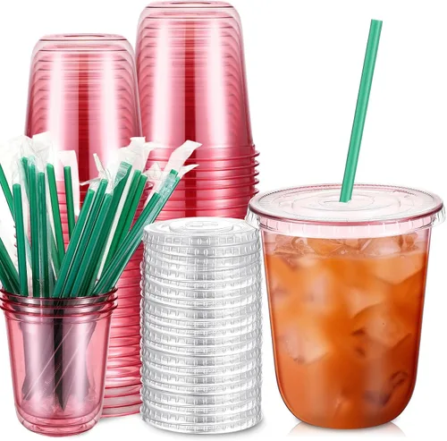 Miniatura 13 de Baderke Juego de 25 vasos de plástico con tapas y pajitas, tazas de plástico desechables para café helado, jugo, batido, cristal para cafeterías