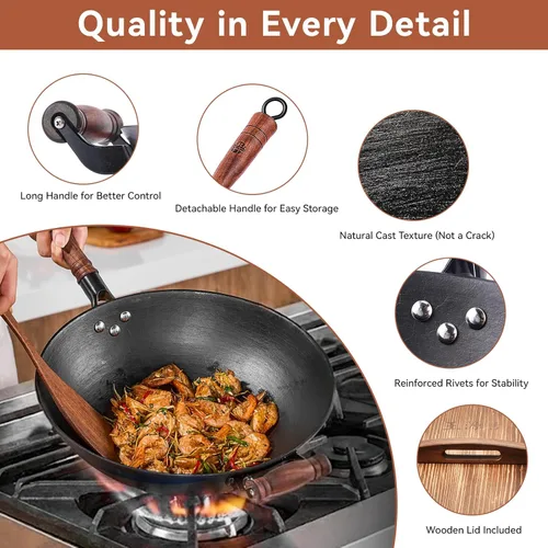 Miniatura 5 de WANGYUANJI Olla de hierro fundido, wok chino de 13.4 pulgadas, wok de hierro de fondo plano con tapa, sartén adecuada para inducción, eléctrica