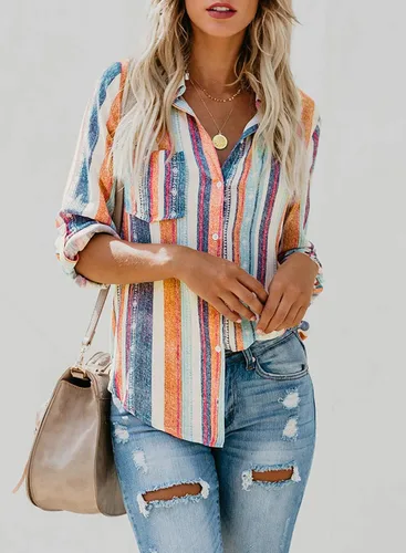 Miniatura 2 de Astylish - Camisa a rayas para mujer con cuello en V, blusa con mangas enrollables y botones