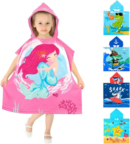 Miniatura 7 de HUANLANG Toalla de playa con capucha para niños y niñas, toalla de playa para baño, piscina, poncho de playa, toalla de algodón súper suave y Sirena