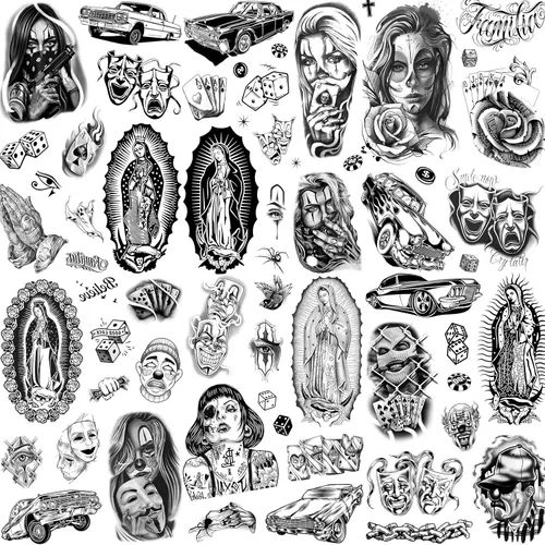TASROI 6 hojas de tatuajes temporales chicanos grandes para hombres, mujeres y adultos, tatuajes falsos de gángster de Guadalupe Chicana, Prisionero
