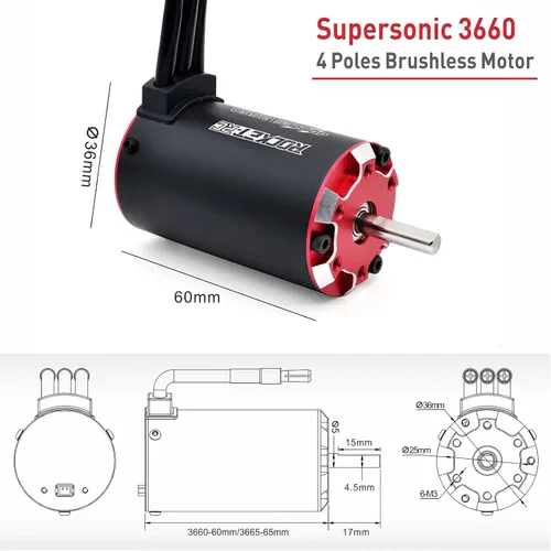 Miniatura 2 de Surpass Hobby RC Motor sin escobillas, Rocket V2 Supersónico 3660 3200KV 4 polos sin escobillas Motor Set con 60A ESC para 1/10 RC Car Upgrade Parts