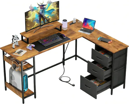 Miniatura 16 de DEVAISE Escritorio para juegos en forma de L de 48 pulgadas con cajones y almacenamiento, escritorio de esquina con luces LED, tomas de corriente