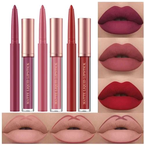 BestLand Juego de 6 lápices labiales líquidos mate y delineadores de labios, copa antiadherente, no se decolora, impermeable, brillo de labios de 24