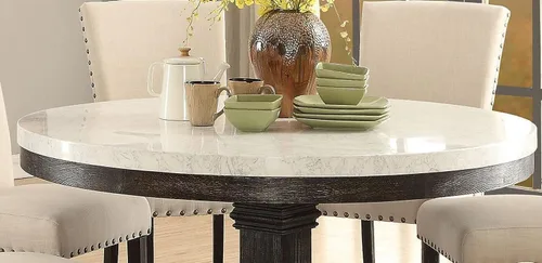 Miniatura 5 de Juego de muebles de cocina con tapa de mármol blanco juego de mesa de comedor de madera (mesa redonda+6 sillas)