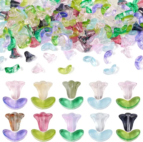Miniatura 25 de FASHEWELRY 10 piezas Tapas de Flores de Vidrio Hechas a Mano Cuentas Florales de Cristal Transparentes en Forma de Trompeta Espaciadores de Flores a