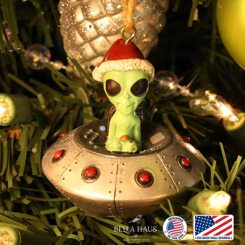 Miniatura 3 de Bella Haus Christmas Shoppe - Adorno de platillo volador con giro de abducción alienígena Divertida decoración navideña de ovni y vaca Ideal