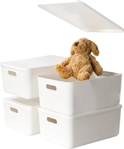 Miniatura 13 de Paquete de 5 contenedores grandes de almacenamiento de plástico blanco con tapas, caja de juguetes con asa, contenedores organizadores cestas
